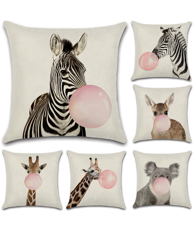 Animals Blowing Pink Bubbles Cushion Covers – 6 Quirky Linen Designs