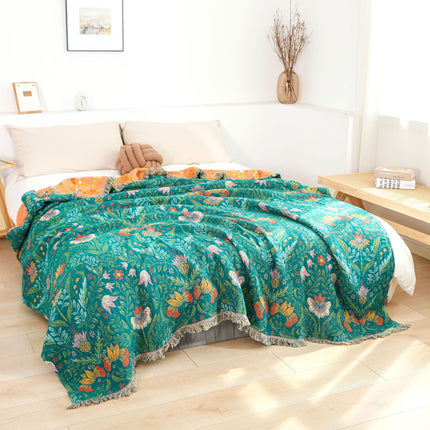 Reversible Cotton Blanket | Floral Tassel Sofa Throw