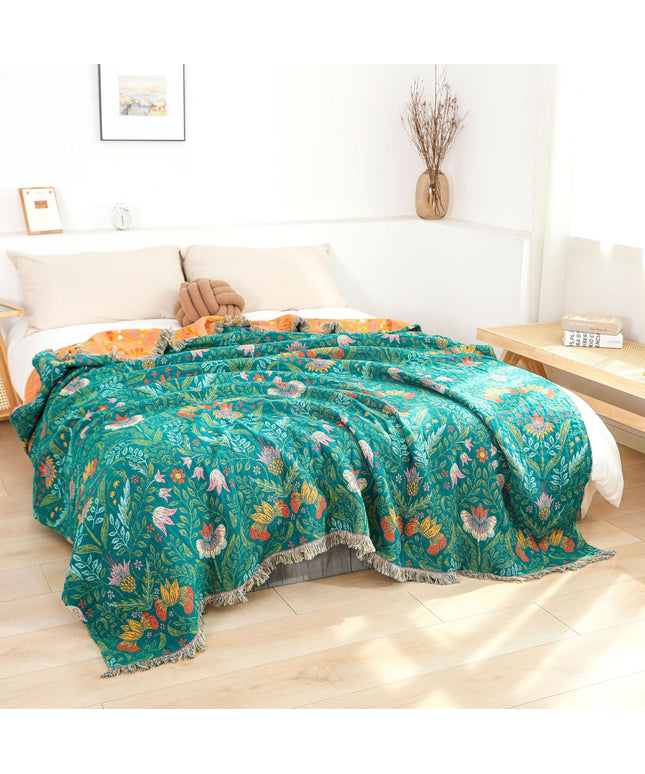 Reversible Cotton Blanket | Floral Tassel Sofa Throw