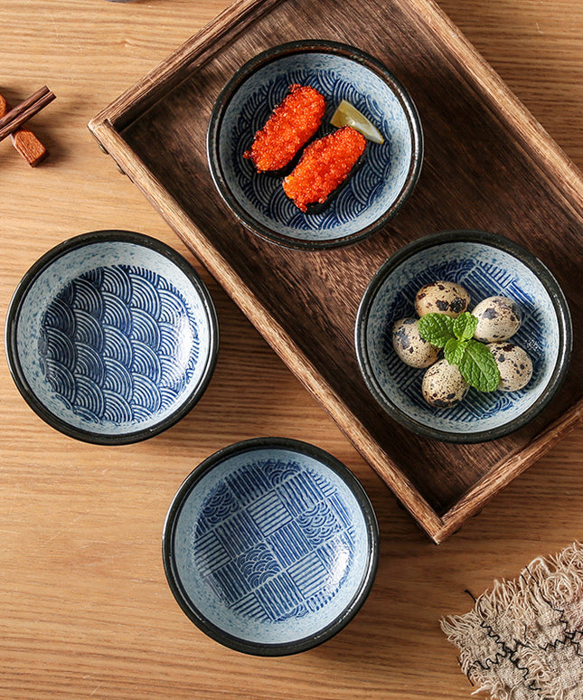 Japanese Ceramic Bowl 🍜 – Blue and White Ripple or Grid Design