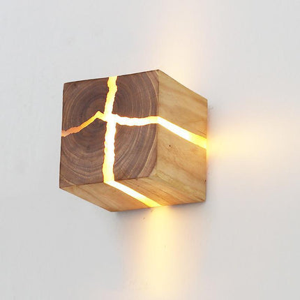 Solid Wood Cube Wall Lamp – Nordic Crack Effect Lighting | Ikeame