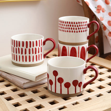 Hand Painted Ceramic Mug | Red and White Coffee Cup 450ml