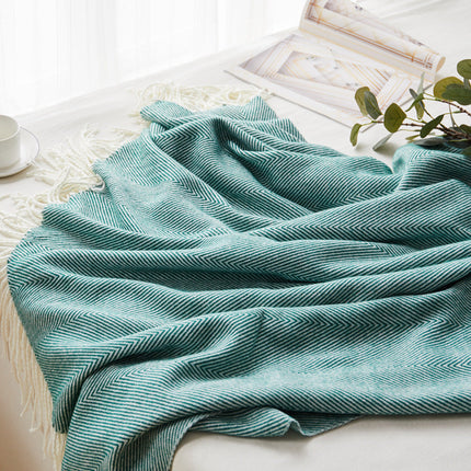 Forest Green Woven Herringbone Fringe Blanket