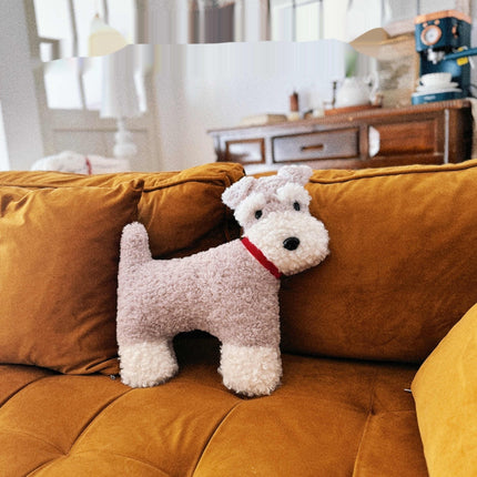 Plush Schnauzer Dog Cushion – Soft Grey & White with Red Collar