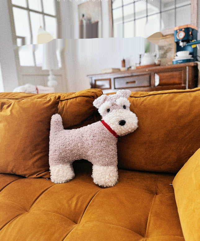 Plush Schnauzer Dog Cushion – Soft Grey & White with Red Collar