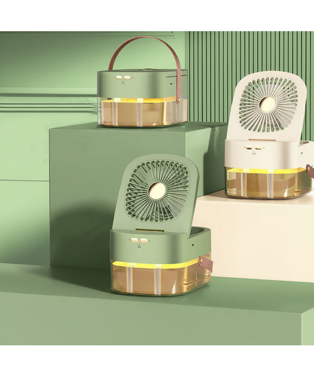 Humidifying Spray Fan – Mini Air Cooler with Remote & USB Recharge