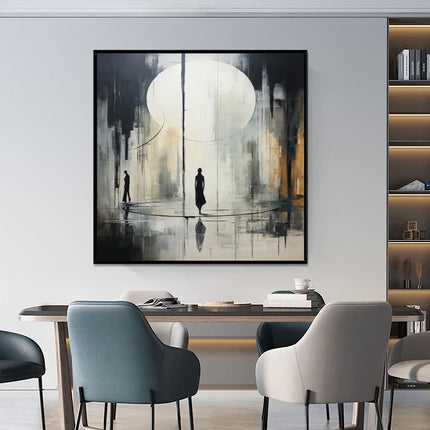 Hand-Painted Rainy Street Oil Painting | Black & White Canvas Art