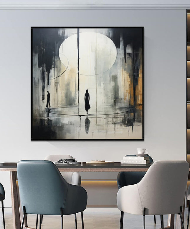 Hand-Painted Rainy Street Oil Painting | Black & White Canvas Art