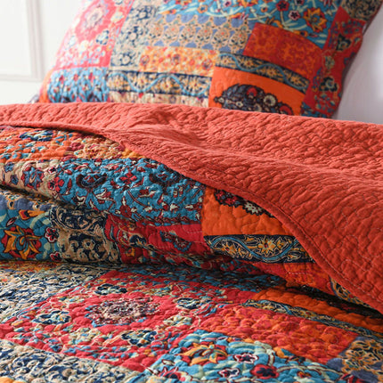 Cotton Summer Quilt in Red Boho Style + 2 Matching Pillowcases