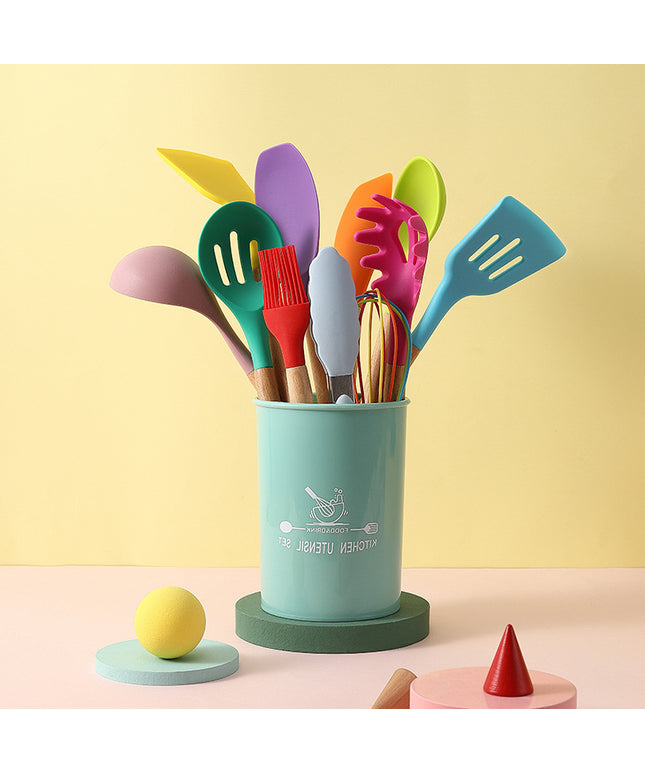 Silicone Kitchen Utensil Set | Wooden Handle Cooking Tools