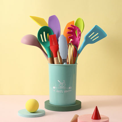 Silicone Kitchen Utensil Set | Wooden Handle Cooking Tools