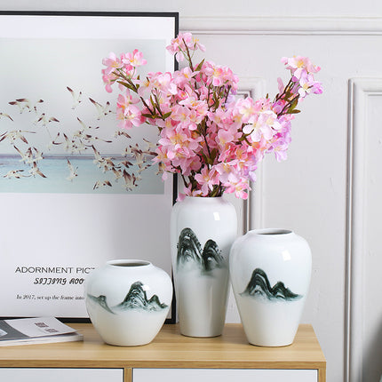Zen Mountain Ceramic Vase – Hand-Painted Monochrome Art