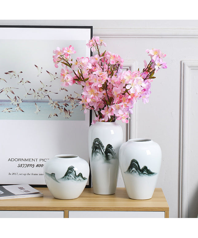 Zen Mountain Ceramic Vase – Hand-Painted Monochrome Art