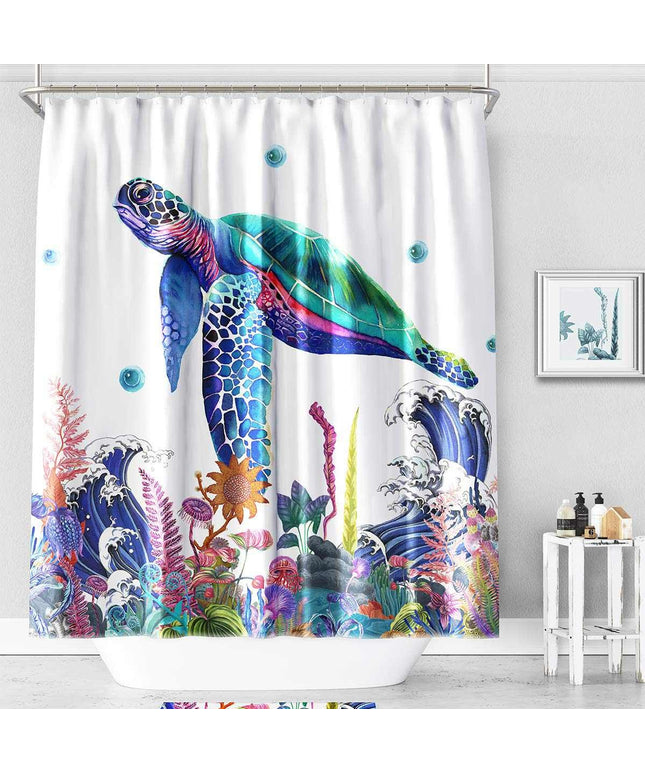 Colourful Sea Turtle Shower Curtain & Bathroom Mat Set 🐢🌊