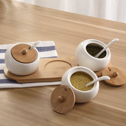 White Ceramic Seasoning Jar with Bamboo Lid & Spoon – Individual or Set of 3