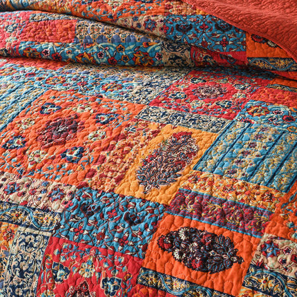 Cotton Summer Quilt in Red Boho Style + 2 Matching Pillowcases
