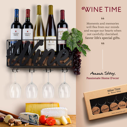Wall-Mounted Metal Wine Rack – Black | Bottle, Glass & Cork Holder
