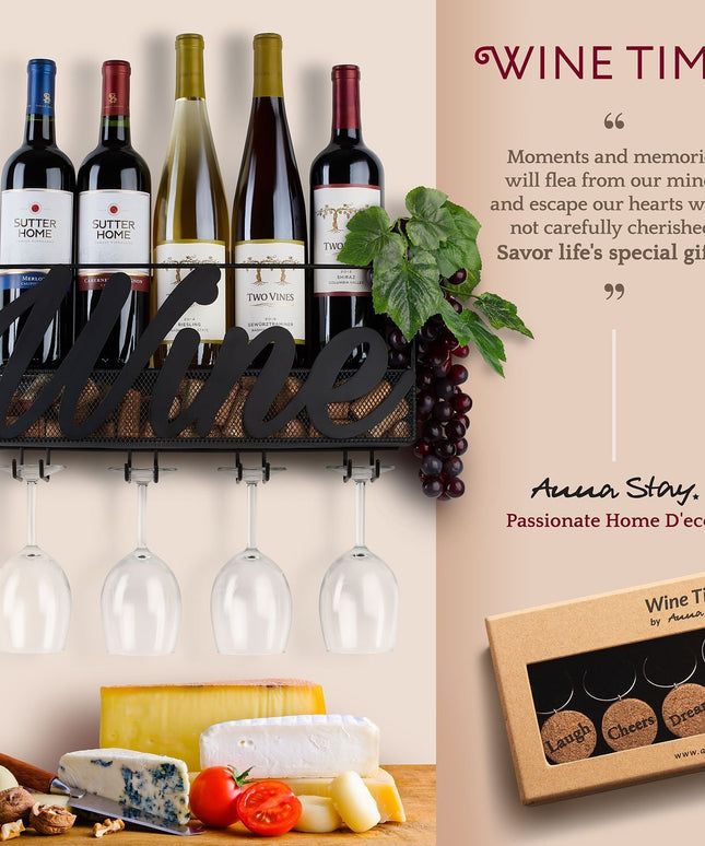 Wall-Mounted Metal Wine Rack – Black | Bottle, Glass & Cork Holder