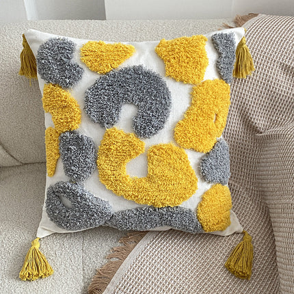 Nordic-Inspired Bohemian Tufted Cushion – Grey and Yellow Geometric Design