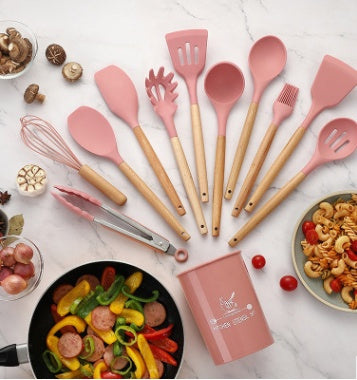 Silicone Kitchen Utensil Set | Wooden Handle Cooking Tools