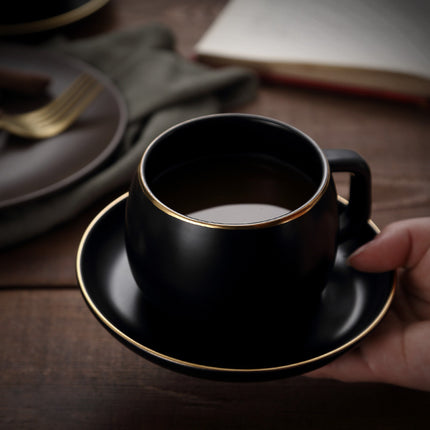Black Gold Coffee Cup Set | Matte Bone China Mug & Saucer
