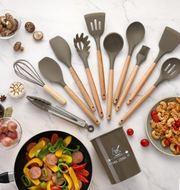 Silicone Kitchen Utensil Set | Wooden Handle Cooking Tools