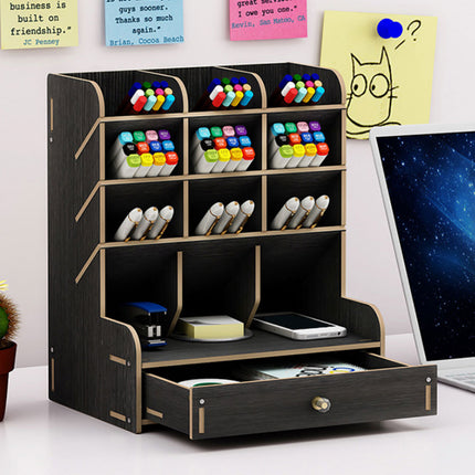 Large Wooden Desk Organiser with Drawer – Nordic Pen Holder Storage Box