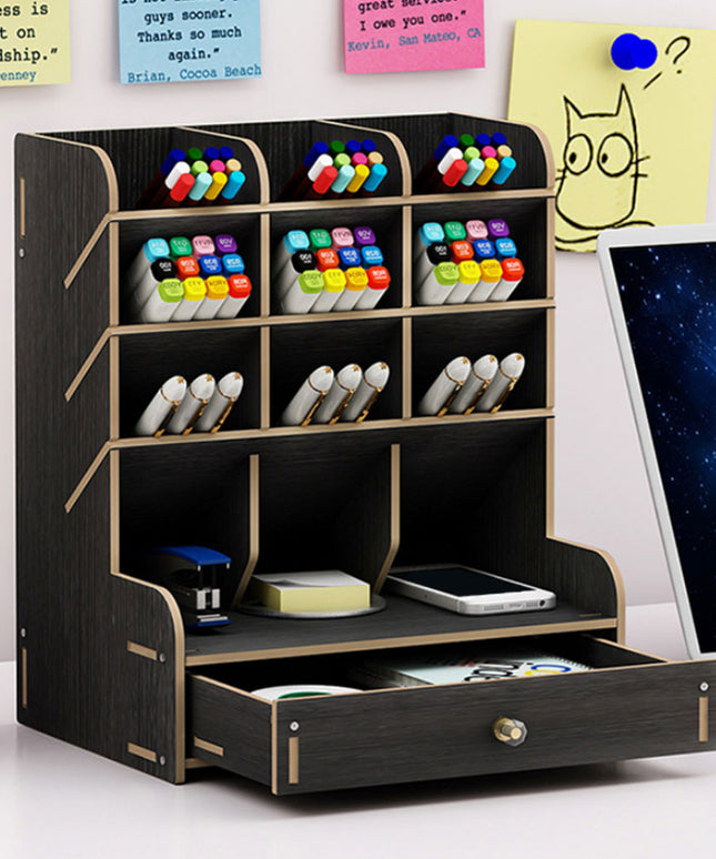 Large Wooden Desk Organiser with Drawer – Nordic Pen Holder Storage Box