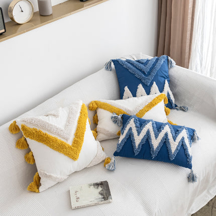 Colourful Moroccan-Style Geometric Tufted Embroidered Cushion – Blue or Yellow  🌟🧵