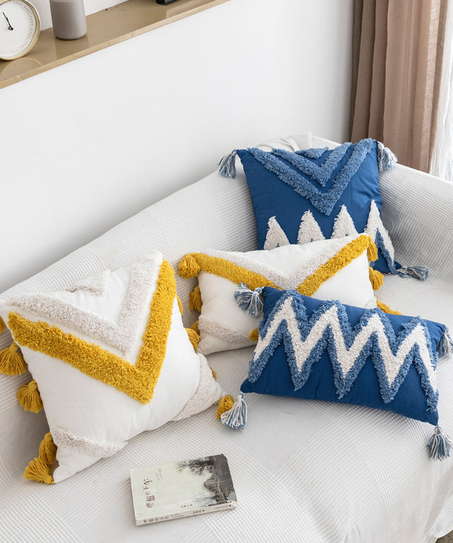 Colourful Moroccan-Style Geometric Tufted Embroidered Cushion – Blue or Yellow  🌟🧵