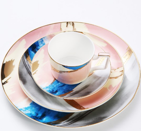 Watercolour Dining and Tea Set with Gold Detailing | Bone China Tableware