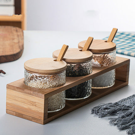 Japanese Glass Seasoning Jar Set | Bamboo Spice Container Set