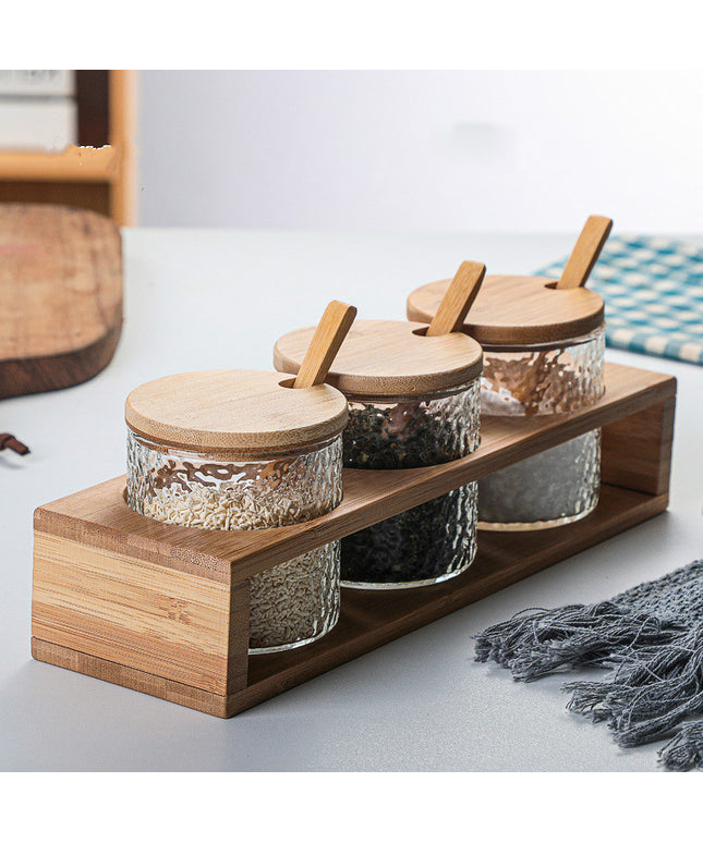 Japanese Glass Seasoning Jar Set | Bamboo Spice Container Set