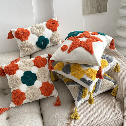 Nordic-Inspired Bohemian Tufted Cushion – Grey and Yellow Geometric Design
