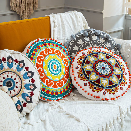 Moroccan Style Hand-Embroidered Round Pillow Cover