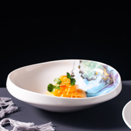 Irregular Ceramic Plate 🎨 – Watercolour Wash & Gold Marbling, Small or Large