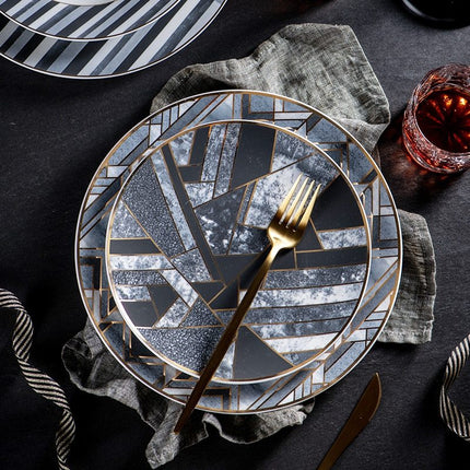 Luxury Bone China Plates – Nordic Monochrome Geometric Design with Gold Trim | 20cm or 25cm