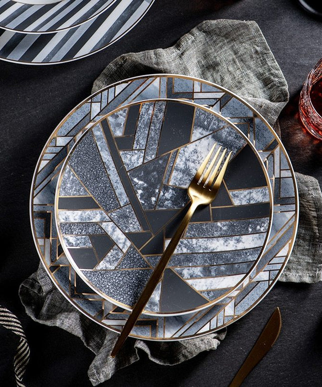 Luxury Bone China Plates – Nordic Monochrome Geometric Design with Gold Trim | 20cm or 25cm