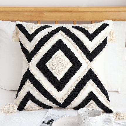 Bohemian Tufted Geometric Cushion with Core – 45x45cm | White, Beige & Black