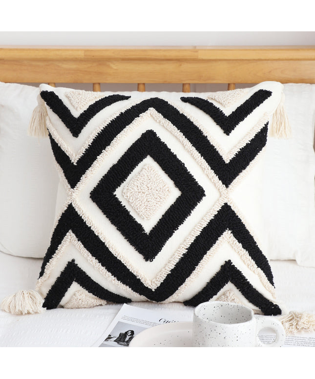 Bohemian Tufted Geometric Cushion with Core – 45x45cm | White, Beige & Black