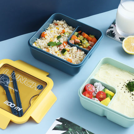 1100ml Lunch Box 🥗 – Microwave Compartment, Cutlery, Green or Yellow