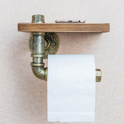 🛠️ Wrought Iron Pipe Toilet Roll Holder with Wooden Shelf