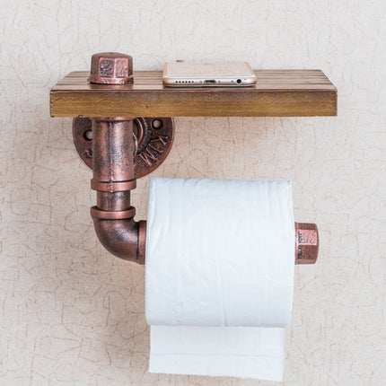 🛠️ Wrought Iron Pipe Toilet Roll Holder with Wooden Shelf