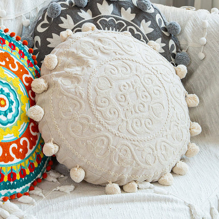 Moroccan Style Hand-Embroidered Round Pillow Cover