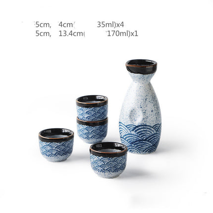 Ceramic Sake Set 🌊 – Blue & White Ripple Wave, Jug & 4 Cups
