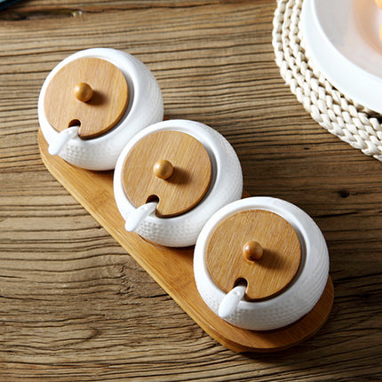 White Ceramic Seasoning Jar with Bamboo Lid & Spoon – Individual or Set of 3