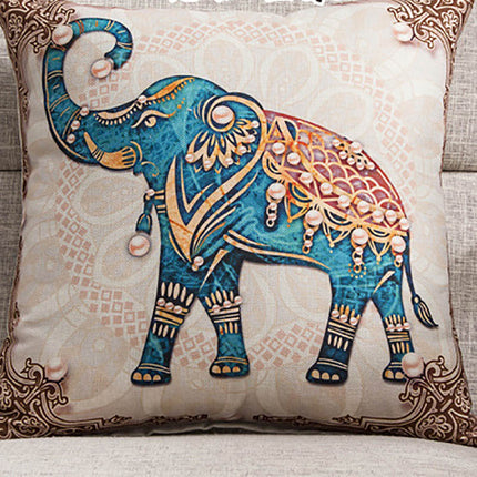 Elephant Boho Cushion Cover Blue Beige | Linen Style Pillowcase