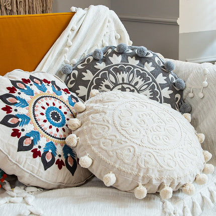 Moroccan Style Hand-Embroidered Round Pillow Cover
