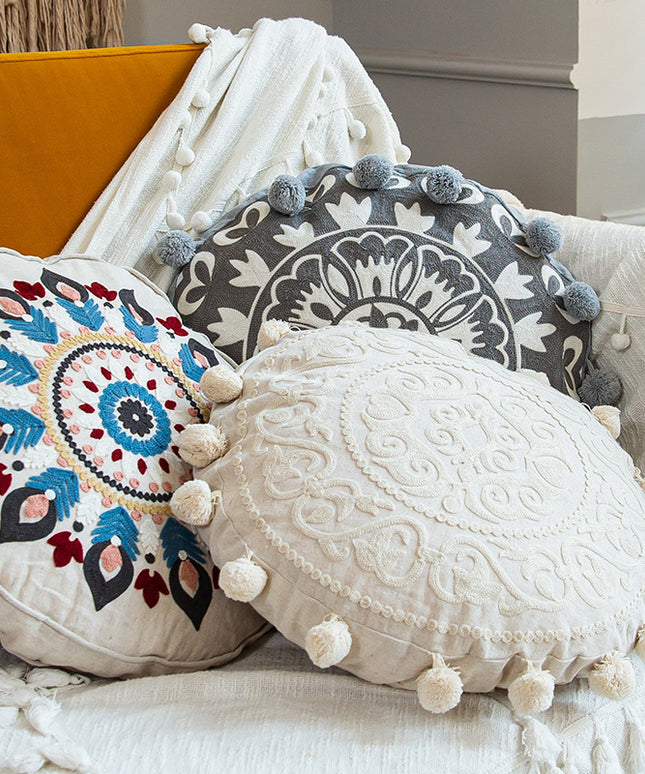 Moroccan Style Hand-Embroidered Round Pillow Cover