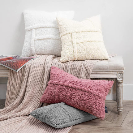 Lamb Wool Fleece Double-Sided Cushion Cover – Red, Brown & Cream | 50x50, 60x60, 65x65cm